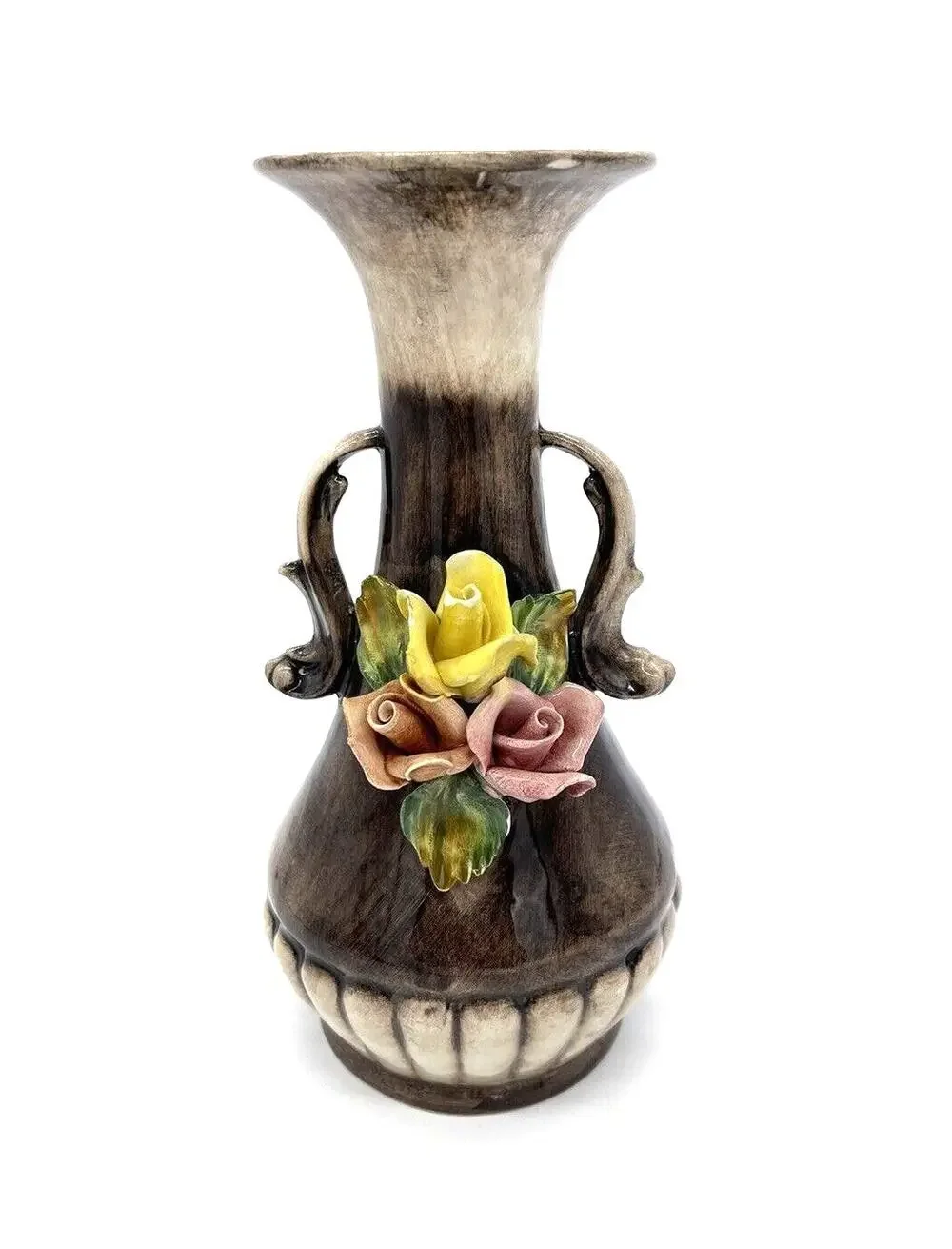 Vintage Capodimonte Pink & Yellow Rose Flower Vase Centerpiece 8.25” Italy